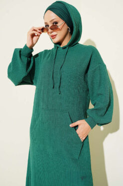 Alternative view of Hooded Dress with Pocket Details Green