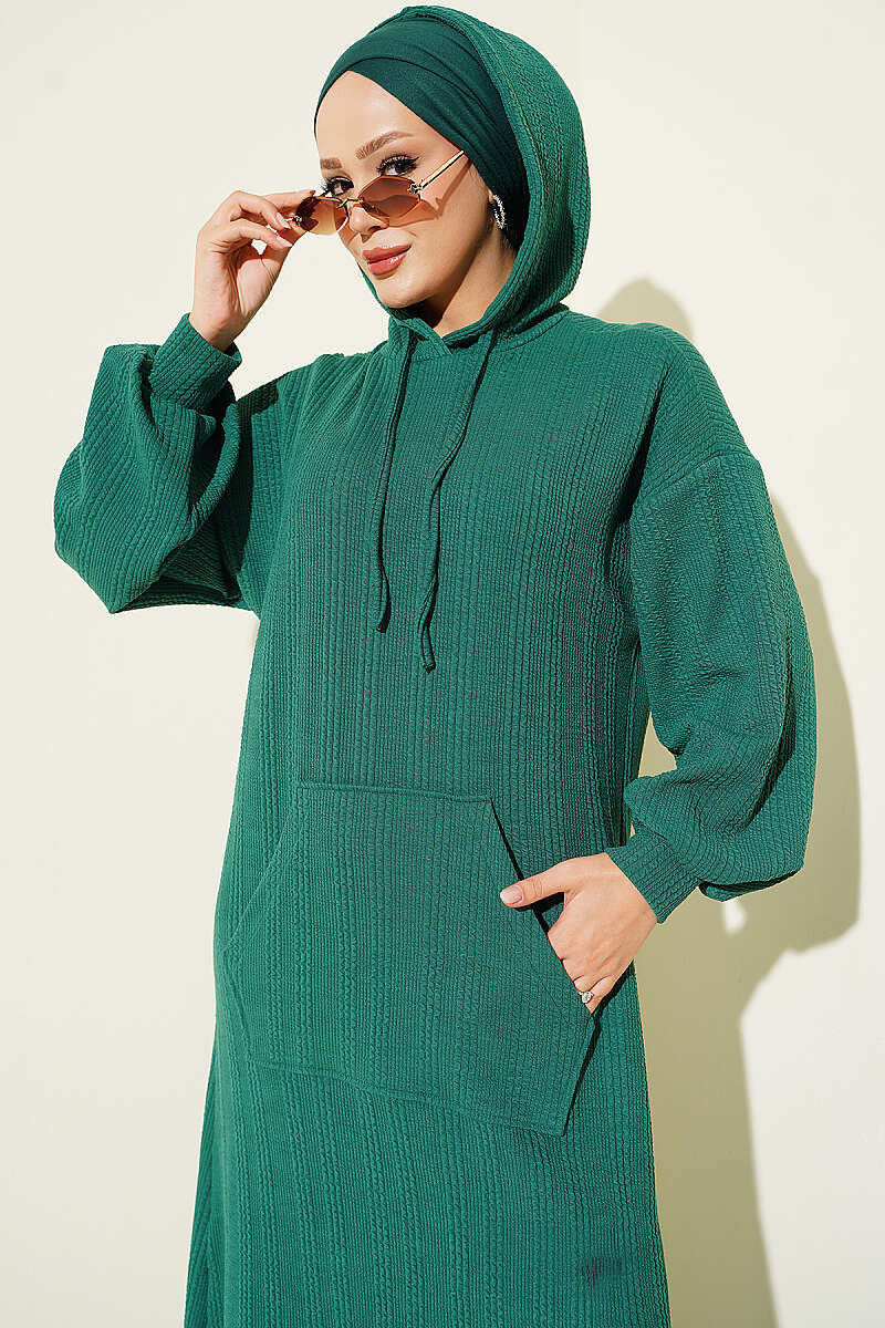 Hooded Dress with Pocket Details Green - الصورة 2