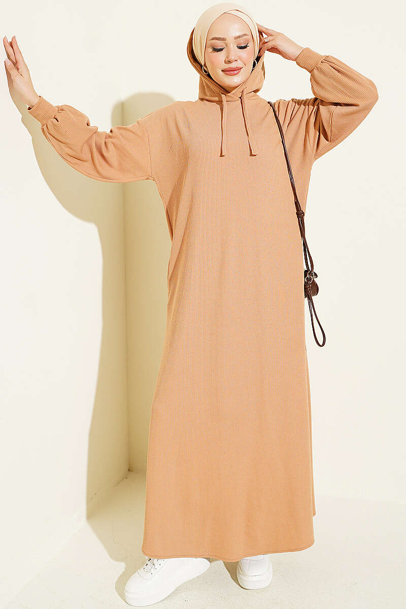 Hooded Pocket Knit Dress Latte