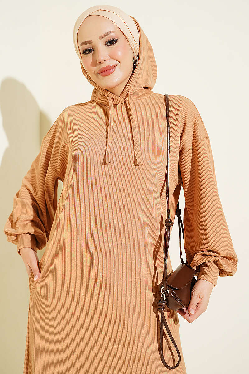 Hooded Pocket Knit Dress Latte – Image 2