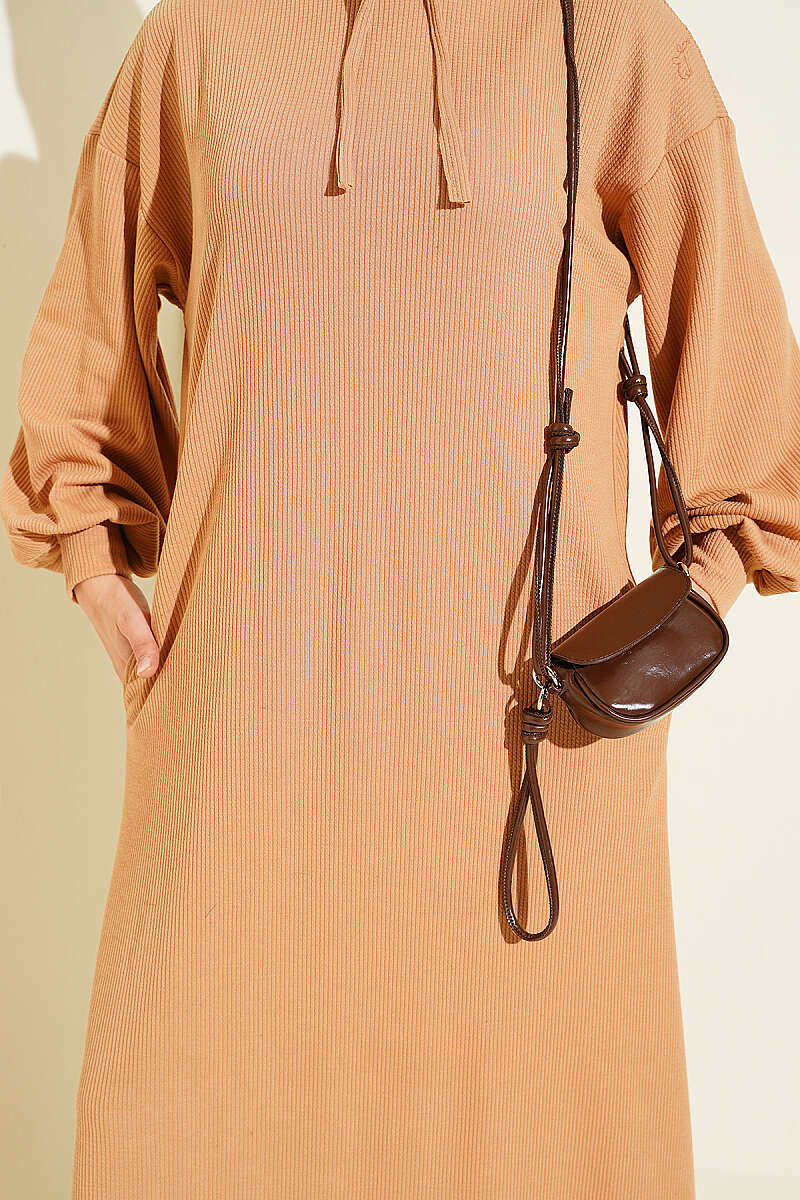 Hooded Pocket Knit Dress Latte – Image 4
