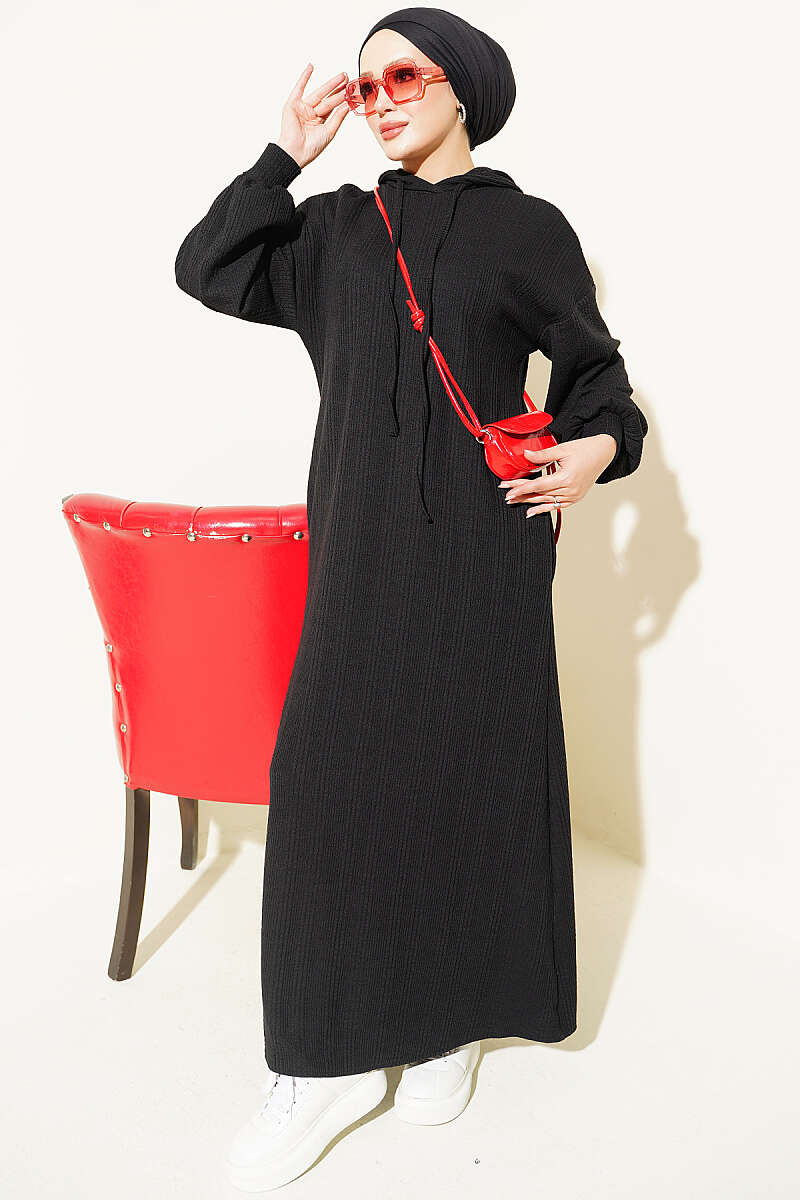 Hooded Pocket Knit Dress Black
