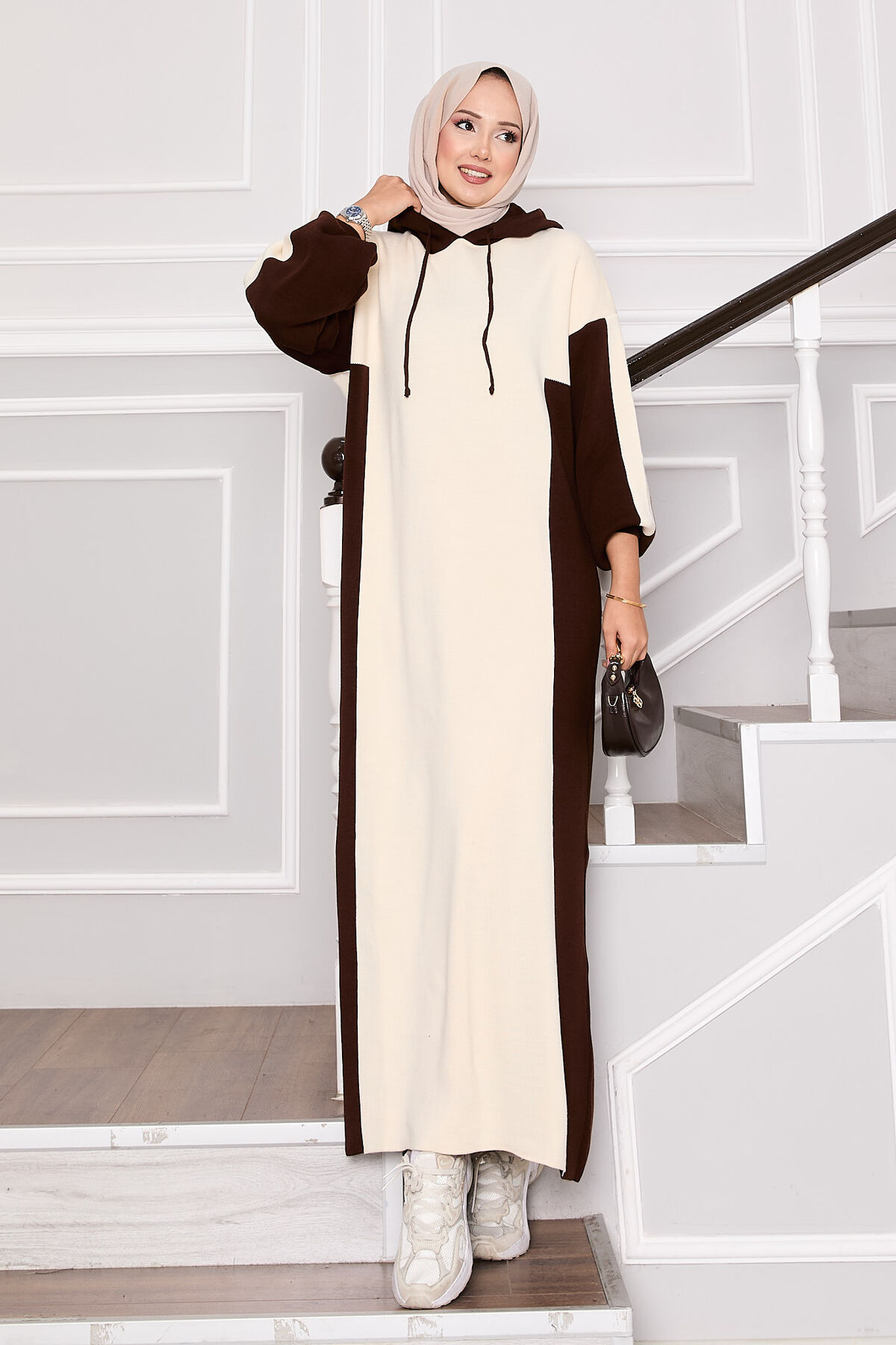 Hooded Sport French Terry Dress Two-Piece Set Brown
