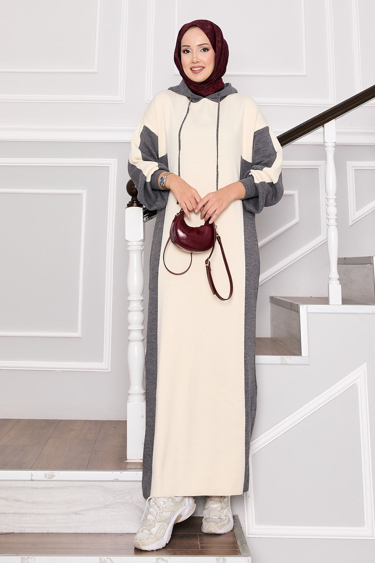 Hooded Sport French Terry Dress Two-Piece Set Ecru