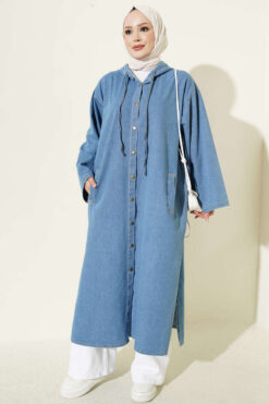 Hooded Long Denim Tunic Light Blue
