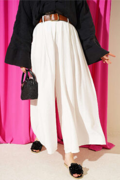 Square Belted Wide-Leg Trousers White