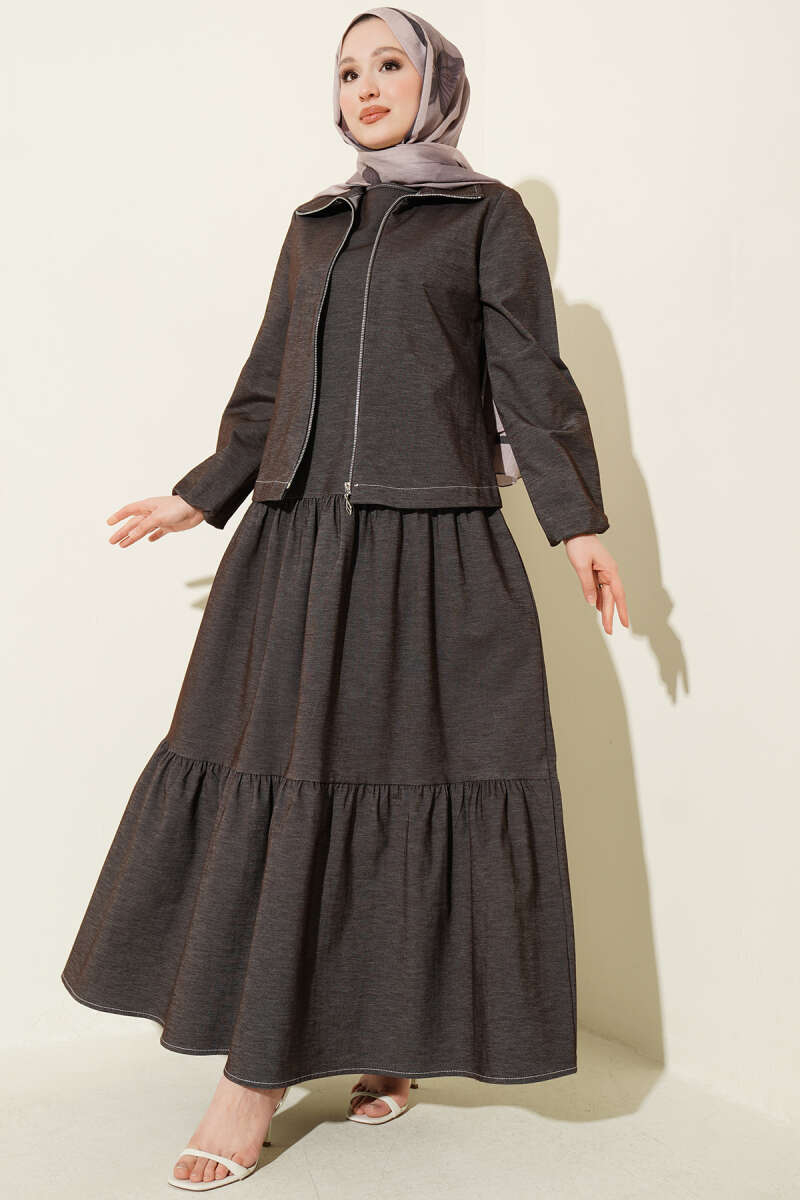 Layered Dress with Jacket Denim Two-Piece Set Dark Brown