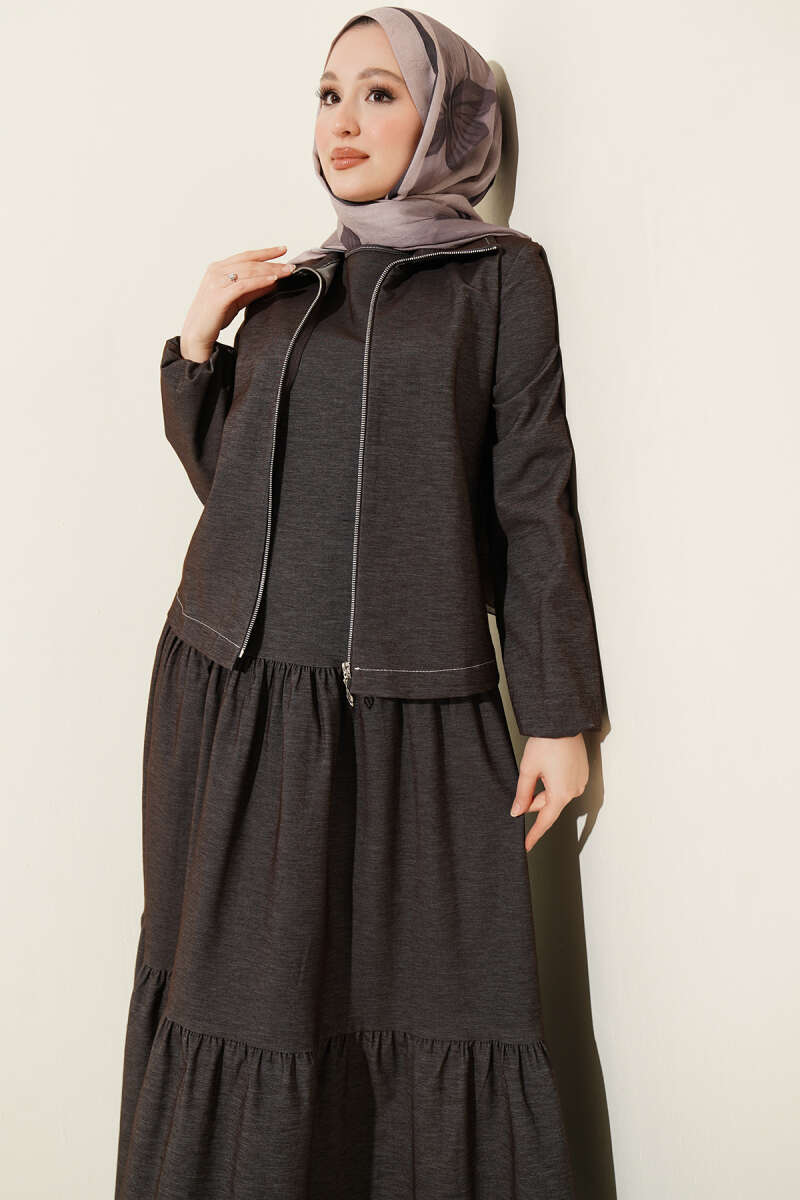 Layered Dress with Jacket Denim Two-Piece Set Dark Brown – Bild 2