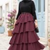 Tiered Ruffled Hem Midi Skirt Burgundy