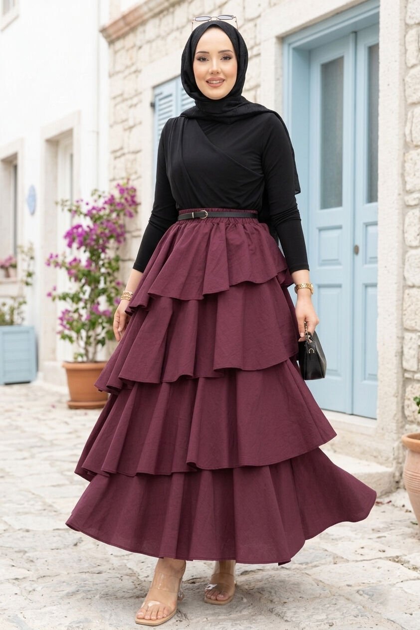 Tiered Ruffled Hem Midi Skirt Burgundy