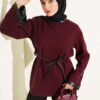 Houndstooth Leather Drawstring Hem Embellished Tunic Burgundy