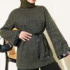 Houndstooth Leather Drawstring Hem Embellished Tunic Khaki