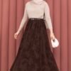 Printed Tulle Skirt with Belt Detail Brown
