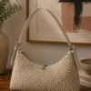 Belt Buckle Detail Woven Tote Bag Beige