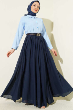Alternative view of Belted Waist Elastic Voile Skirt Navy Blue