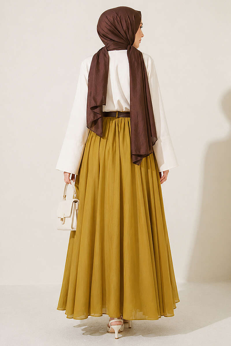 Belted Waist Elastic Voile Skirt Oil Green - Image 4