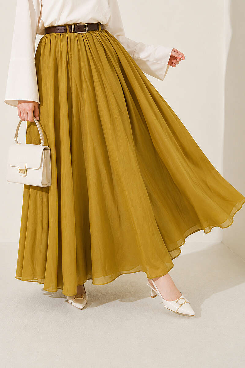 Belted Waist Elastic Voile Skirt Oil Green - Image 3