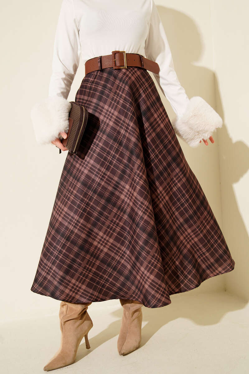 Belted Plaid Flared Skirt Brown - Image 5