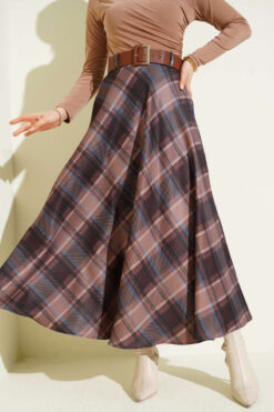 Belted Plaid Flared Skirt Brown
