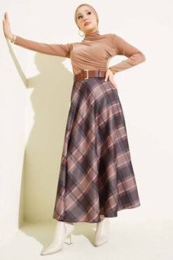 Alternative view of Belted Plaid Flared Skirt Brown