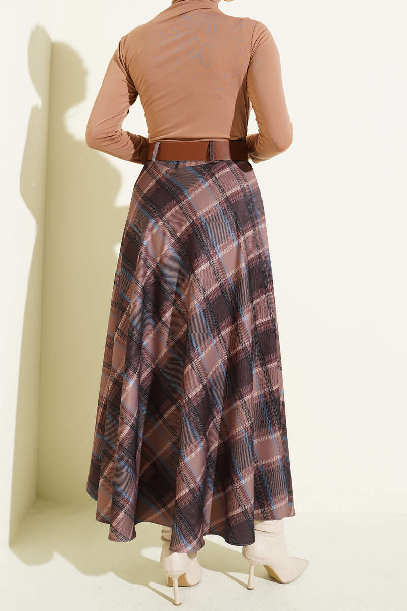 Belted Plaid Flared Skirt Brown - Image 3