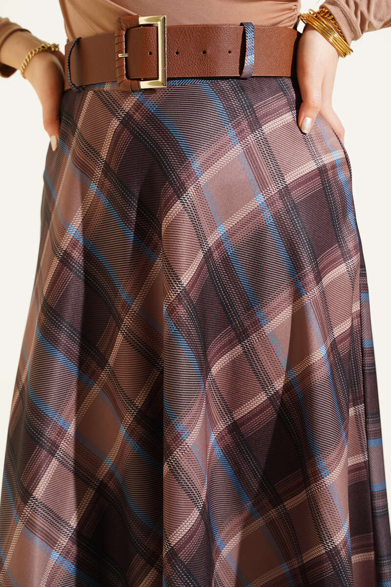 Belted Plaid Flared Skirt Brown - Image 4