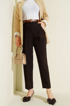 Belted Pleated Detail Carrot Pants Dark Brown