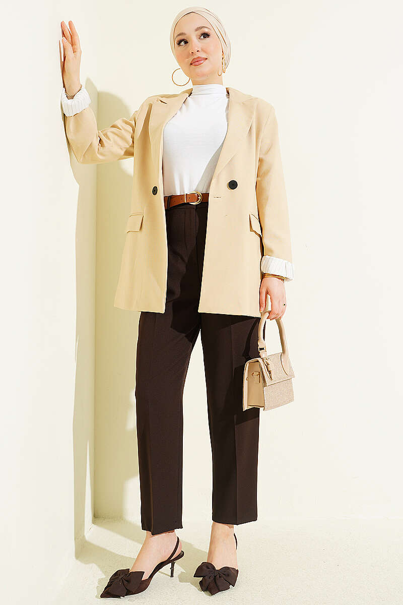 Belted Pleated Detail Carrot Pants Dark Brown - Imagen 2