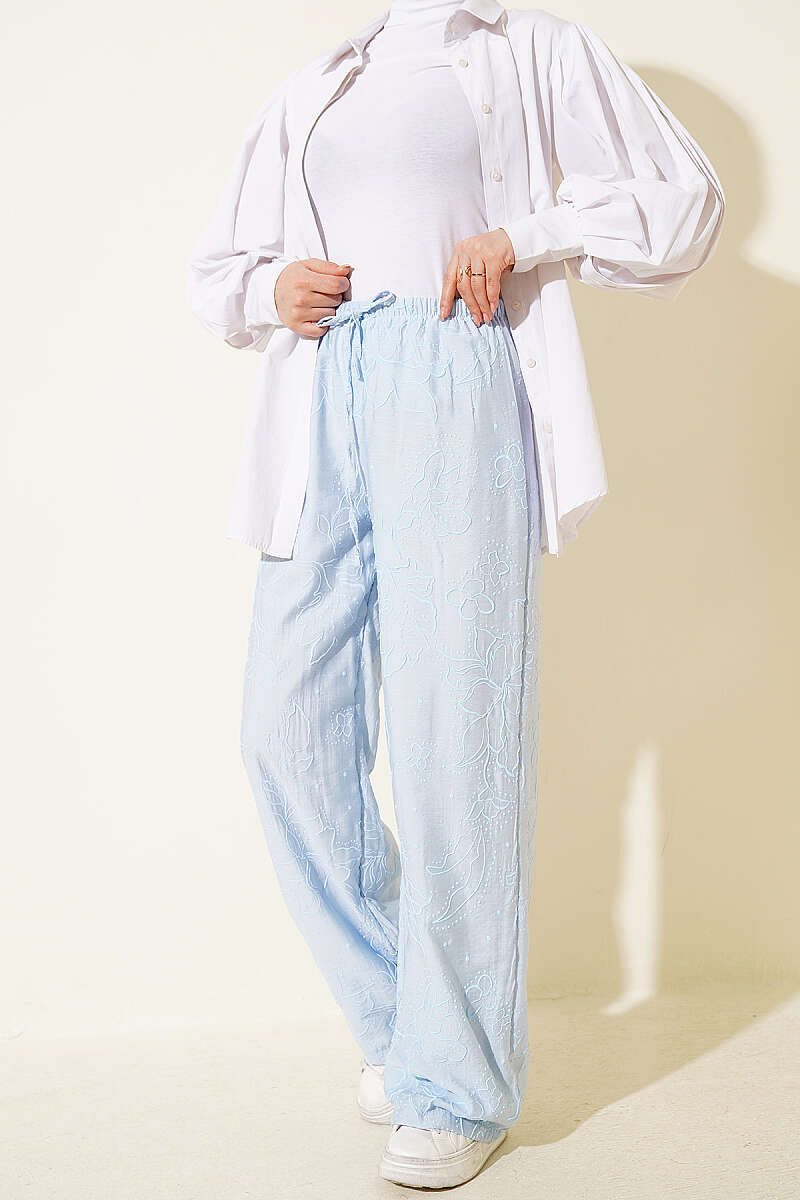 Self-Patterned Elastic Waist Pants Ice Blue