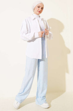 Alternative view of Self-Patterned Elastic Waist Pants Ice Blue