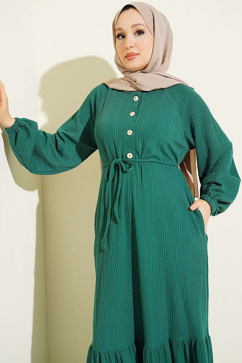 Self-Patterned Raglan Sleeve Dress Green - immagine 2