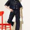 Short Sleeve Jacket Denim Two-Piece Set Dark Navy