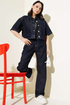 Short Sleeve Jacket Denim Two-Piece Set Dark Navy