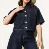 Short Sleeve Jacket Denim Two-Piece Set Dark Navy - immagine 2