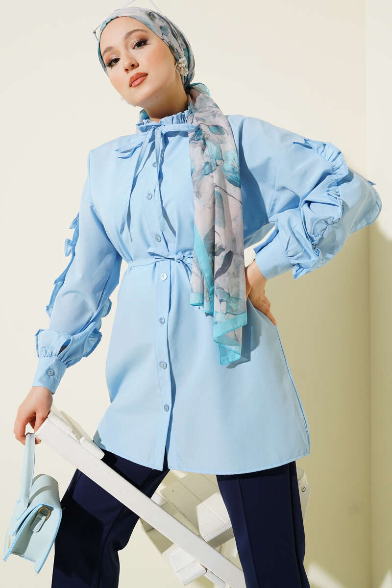 Ruffled Sleeve Tie Waist Shirt Baby Blue