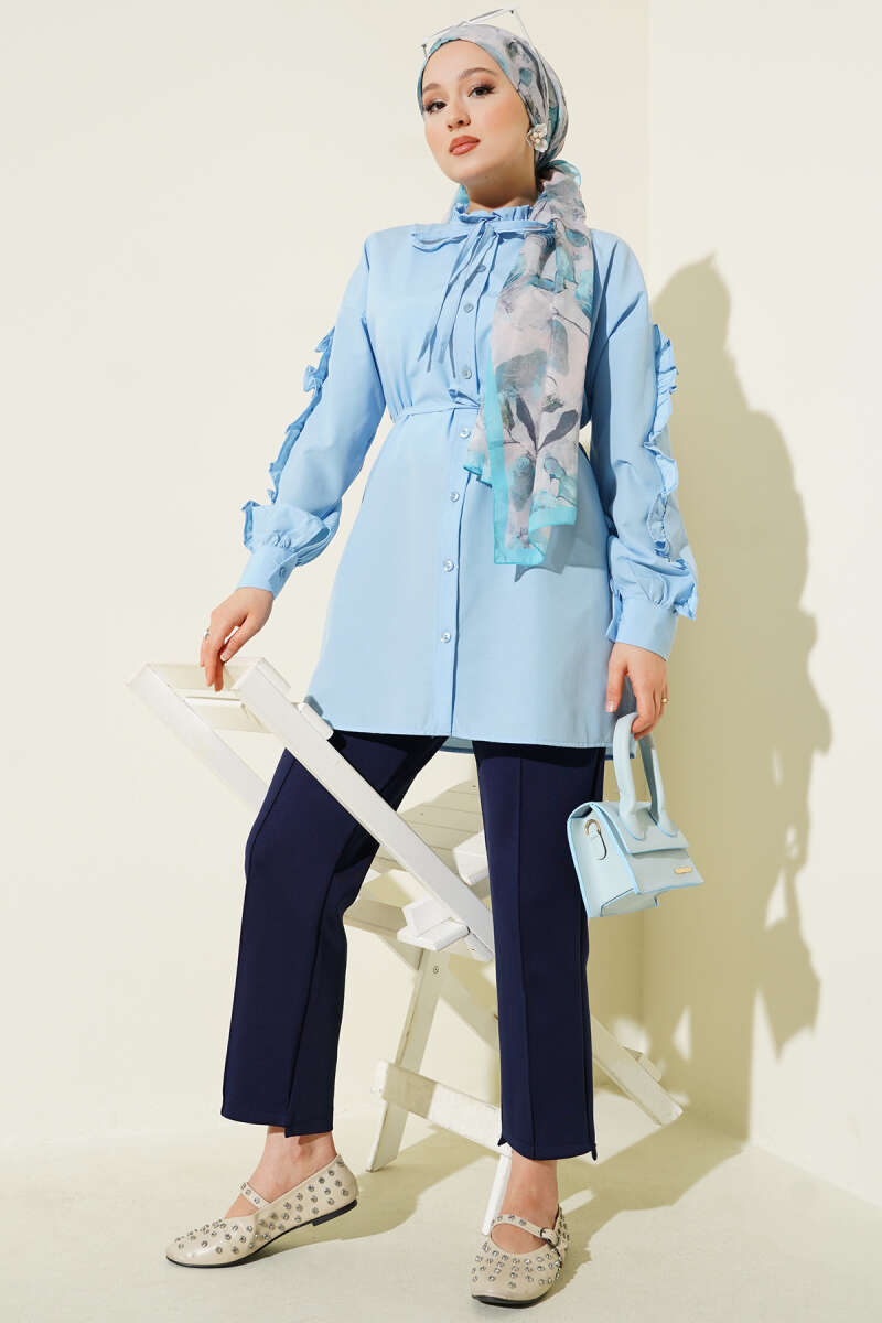Ruffled Sleeve Tie Waist Shirt Baby Blue - immagine 2