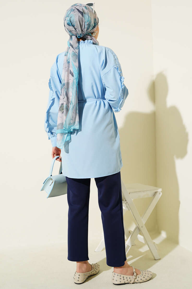 Ruffled Sleeve Tie Waist Shirt Baby Blue - immagine 3