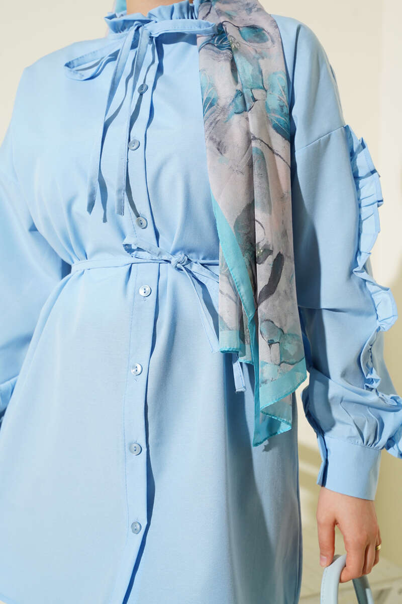 Ruffled Sleeve Tie Waist Shirt Baby Blue - immagine 4