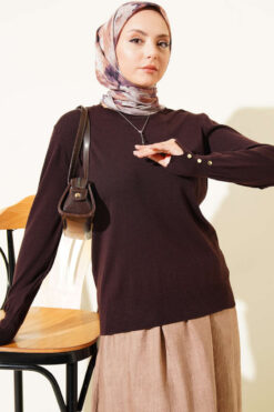 Buttoned Long Sleeve Knit Sweater with Sleeve Cuffs Dark Brown