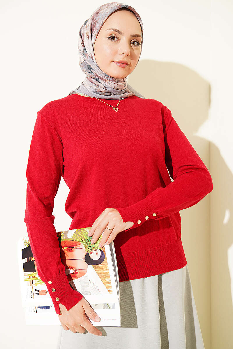 Buttoned Long Sleeve Knit Sweater with Sleeve Cuffs Burgundy