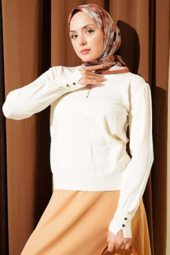Buttoned Long Sleeve Knit Sweater with Sleeve Cuffs Ecru