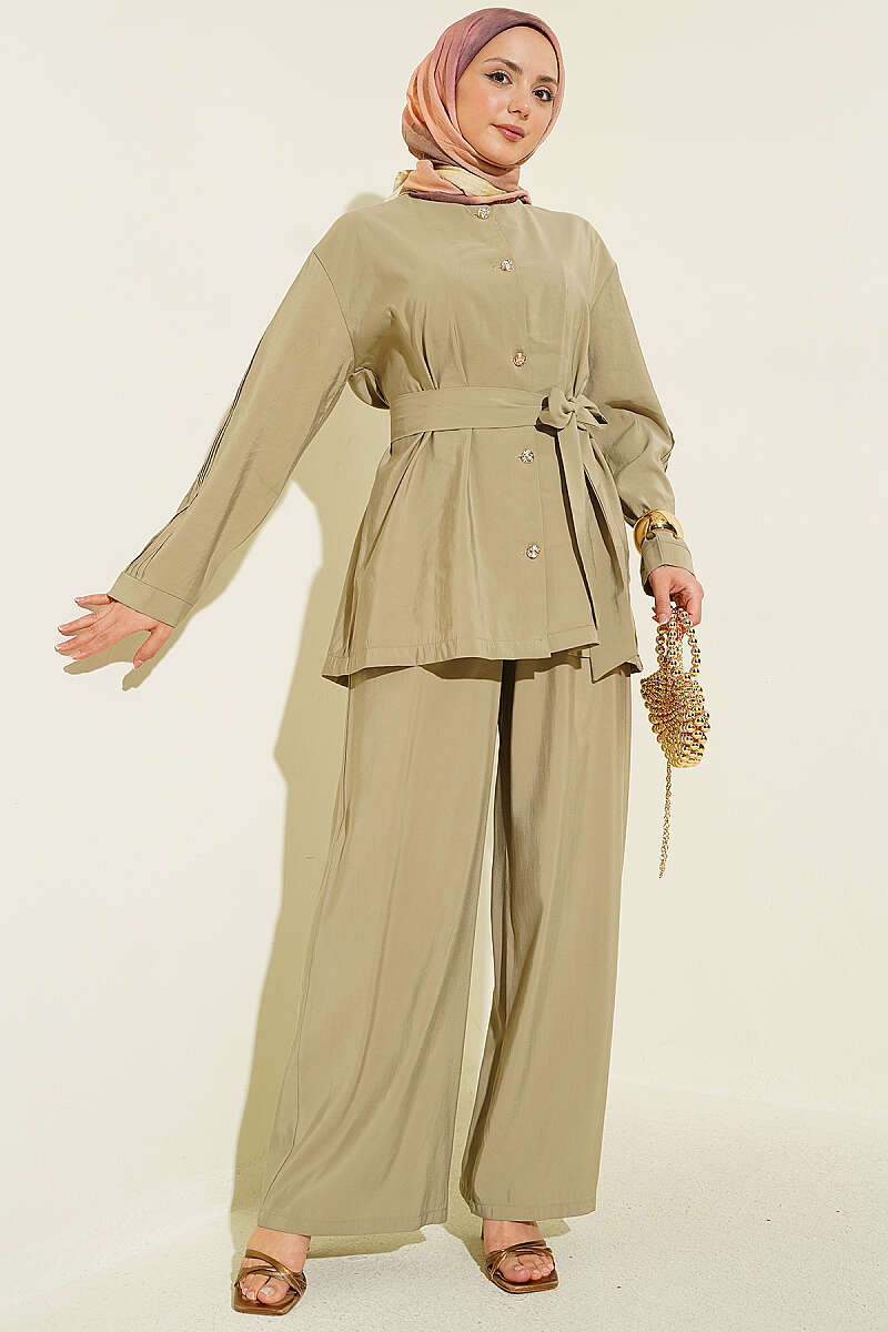 Sleeve Pleated Gold Button Two-Piece Set Hazel