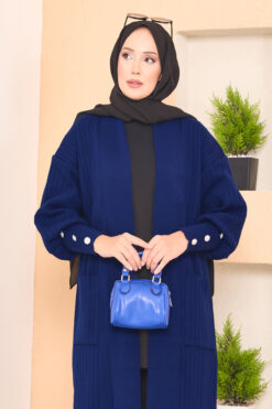 Alternative view of Button Cuff Shawl Collar Modest Knit Cardigan Navy Blue