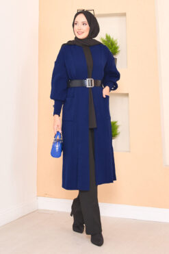 Button Cuff Shawl Collar Modest Knit Cardigan Navy Blue