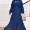 Organza Sleeve Modest Evening Dress Blue