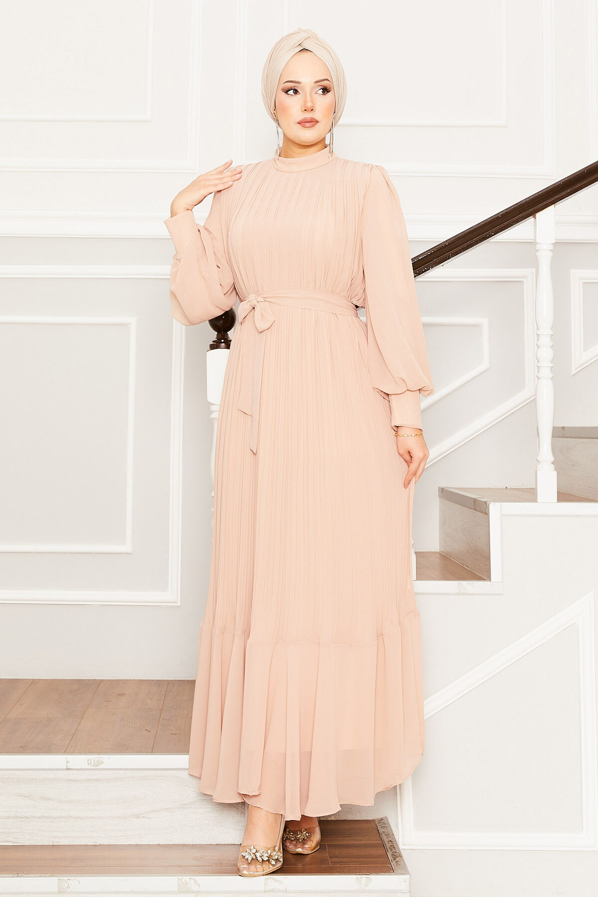 Organza Sleeve Modest Evening Dress Beige - الصورة 4