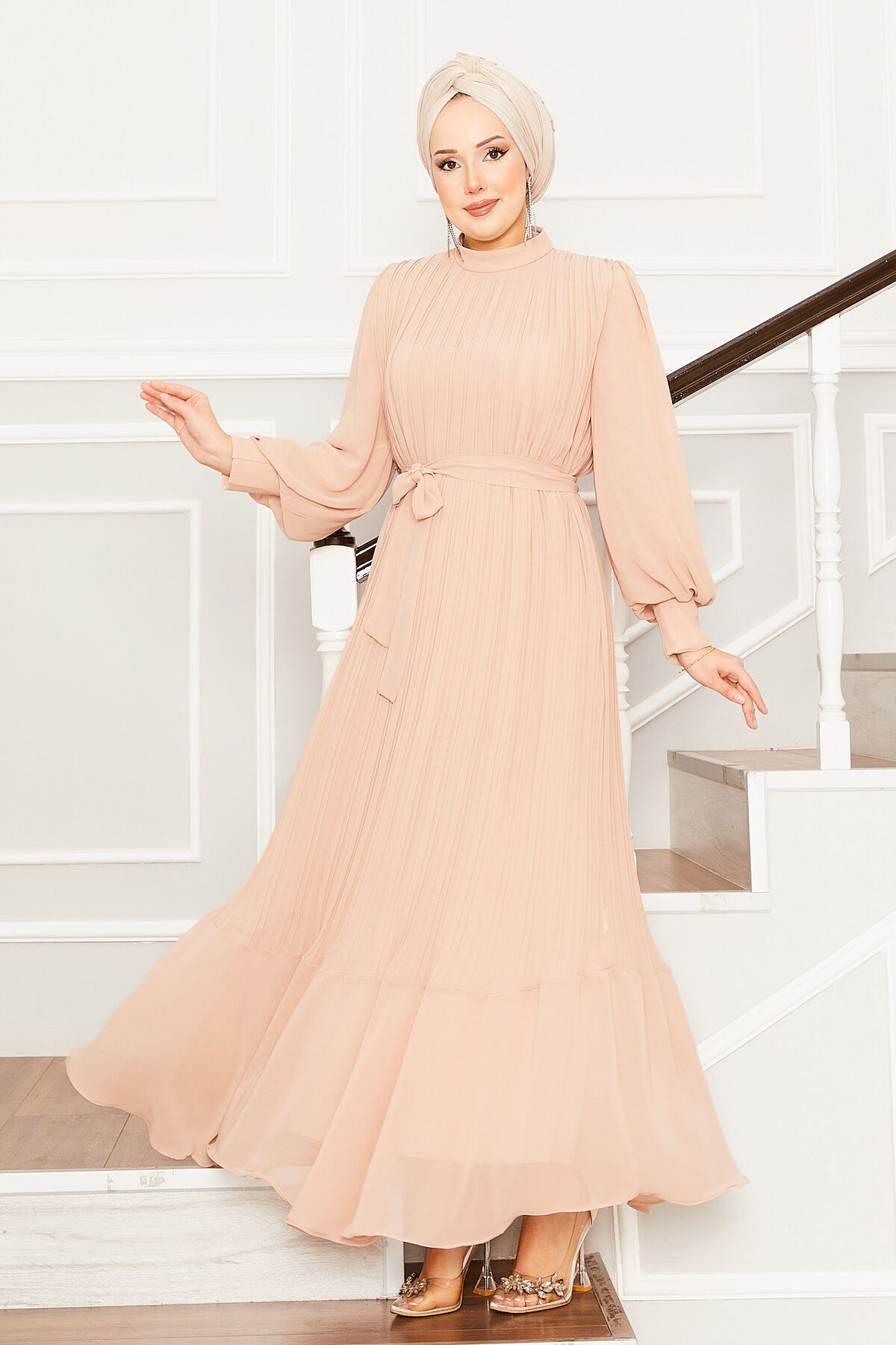 Organza Sleeve Modest Evening Dress Beige