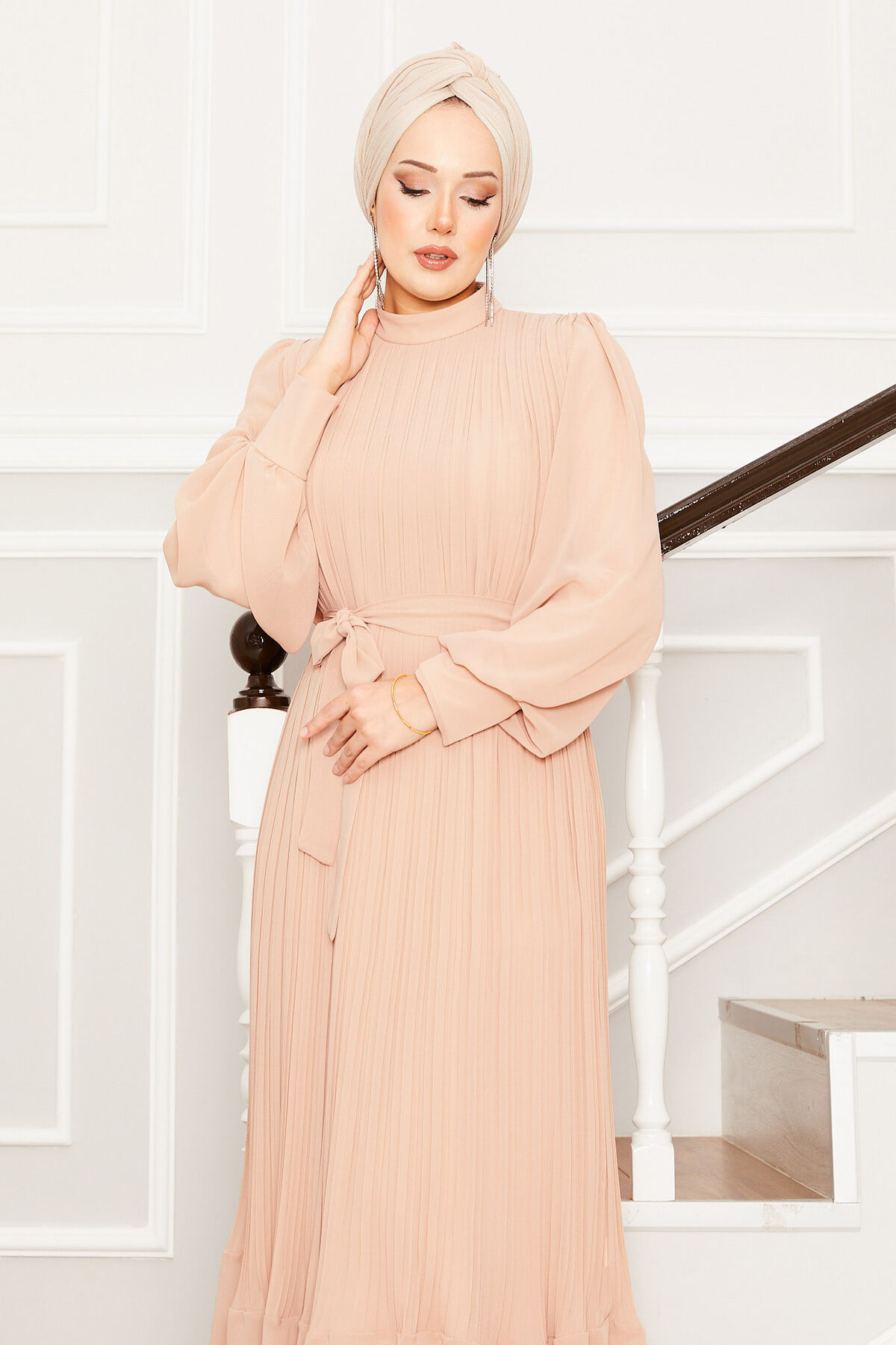 Organza Sleeve Modest Evening Dress Beige - الصورة 2