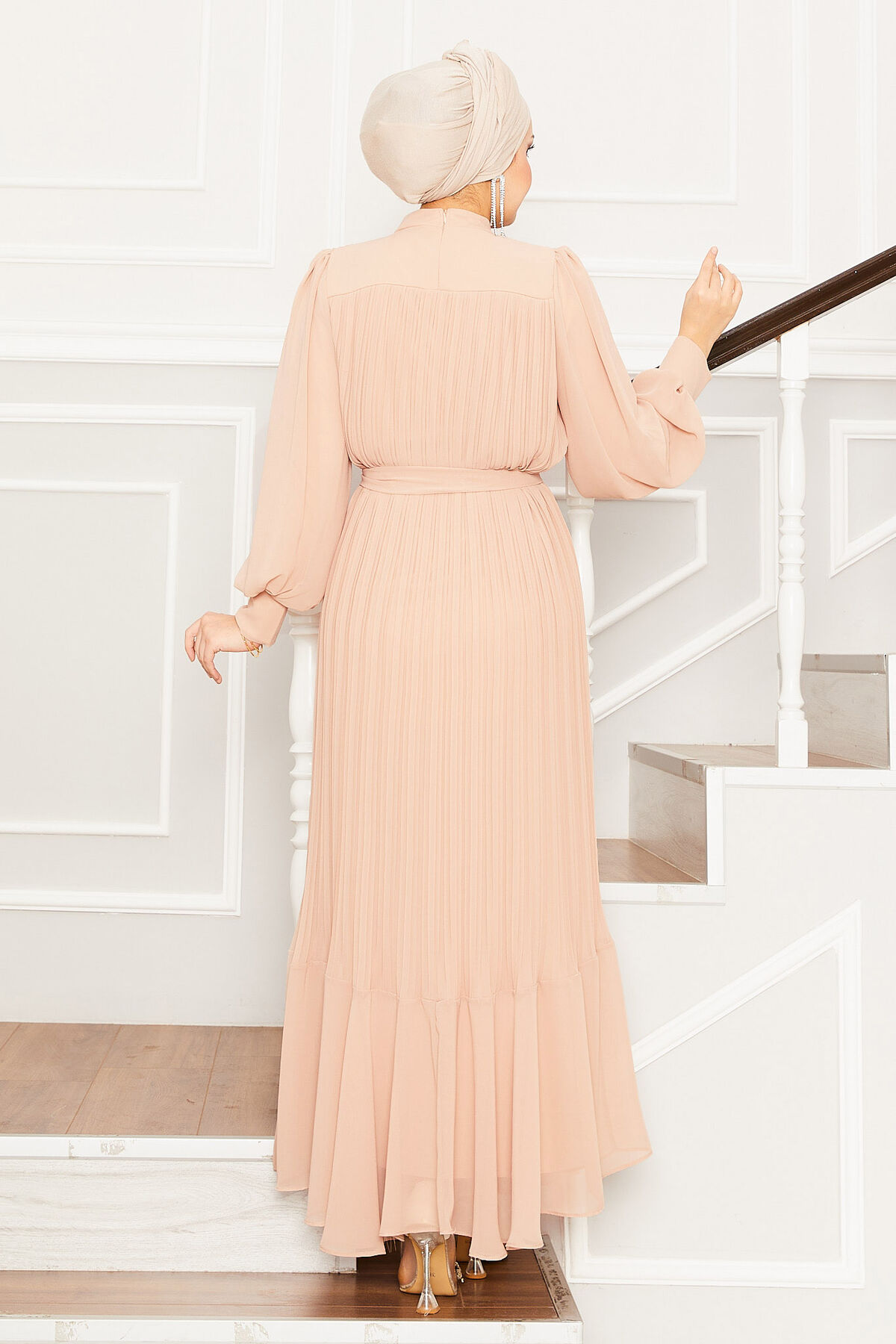 Organza Sleeve Modest Evening Dress Beige - الصورة 5