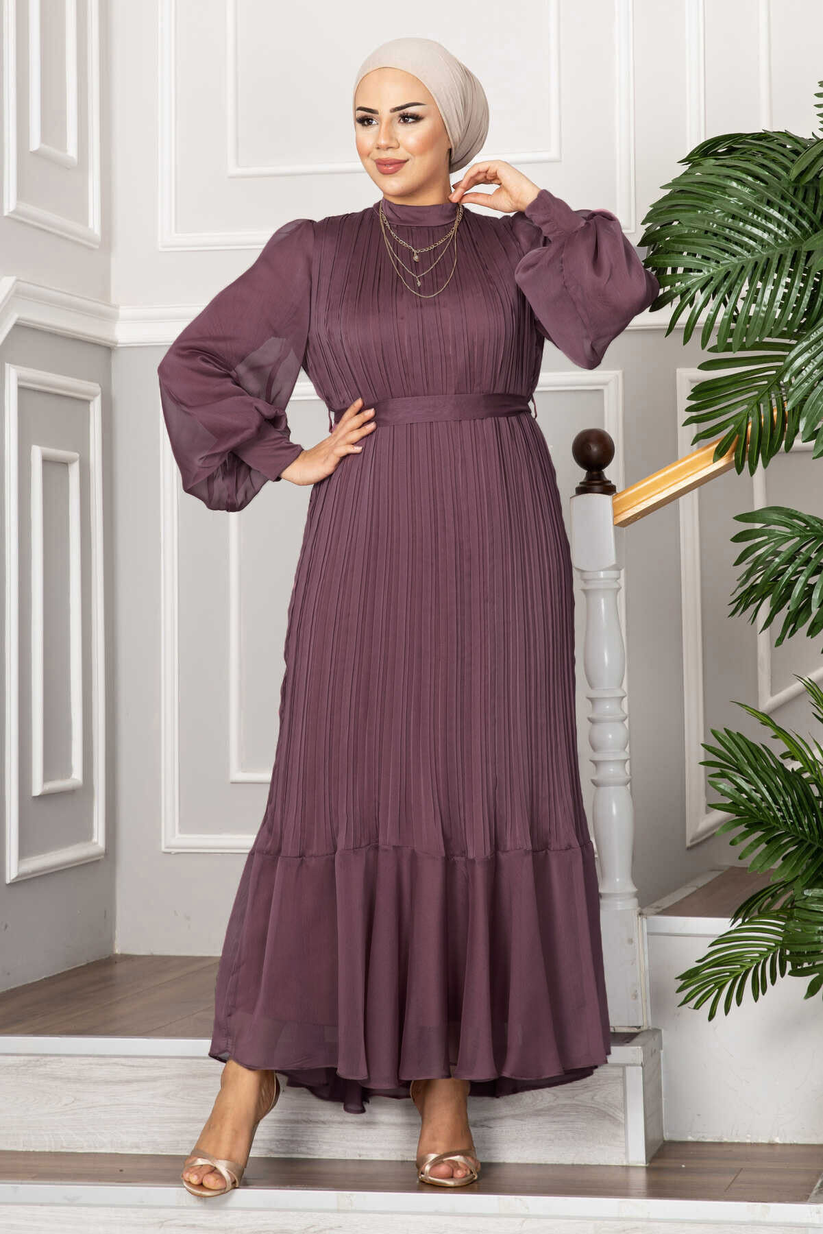 Organza Sleeve Modest Evening Dress